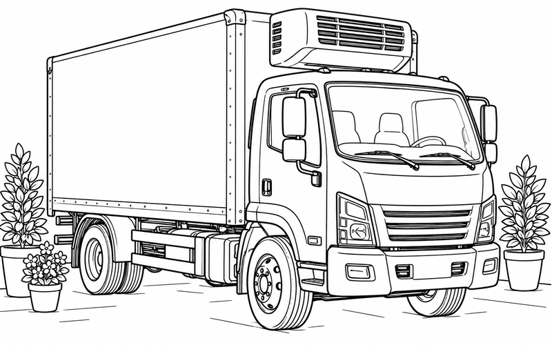 Tranh tô màu xe đông lạnh bên những chậu cây