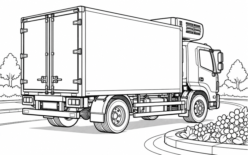 Tranh tô màu xe đông lạnh gần bồn hoa vòng xuyến