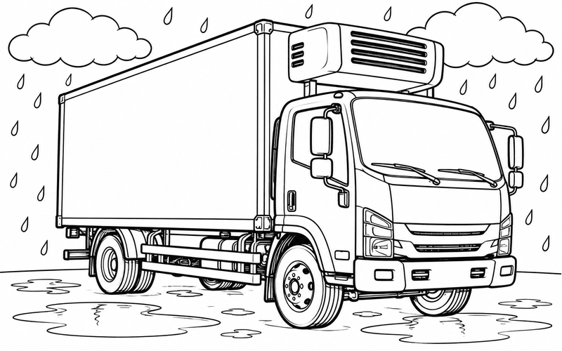 Tranh tô màu xe đông lạnh trong ngày có mưa nhẹ