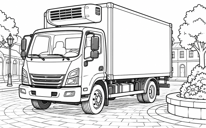 Tranh tô màu xe đông lạnh gần chậu hoa tròn ở quảng trường
