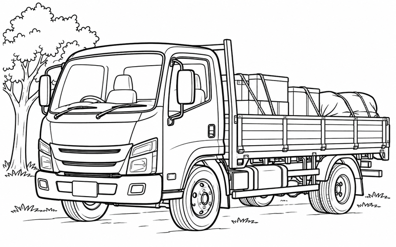 Tranh tô màu xe tải đỗ bên cây nhỏ