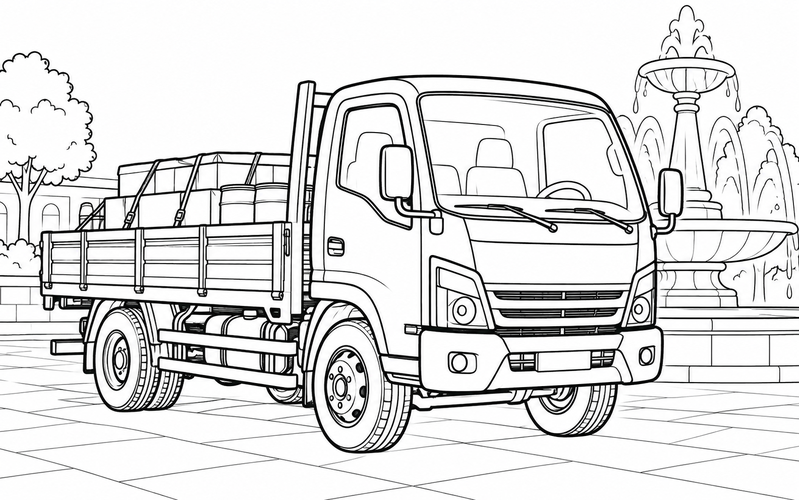 Tranh tô màu xe tải gần đài phun nước
