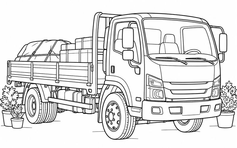 Tranh tô màu xe tải bên những chậu cây