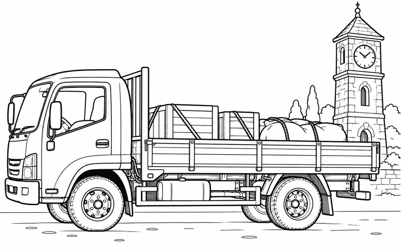 Tranh tô màu xe tải bên tháp đồng hồ