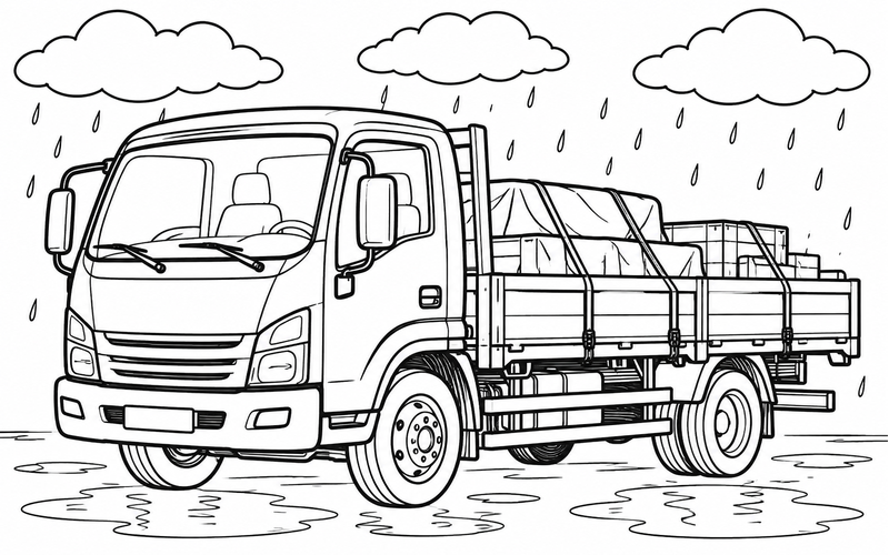 Tranh tô màu xe tải trong ngày có mưa nhẹ