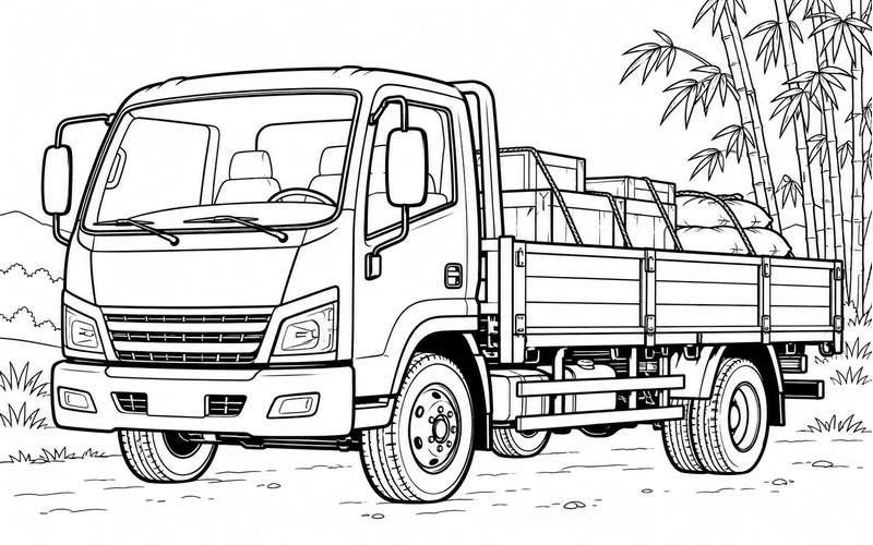 Tranh tô màu xe tải với khóm tre phía xa