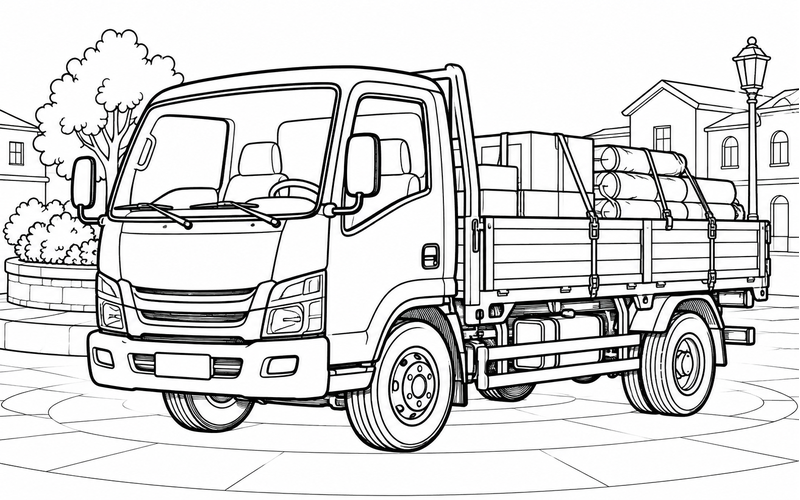 Tranh tô màu xe tải gần chậu hoa tròn ở quảng trường
