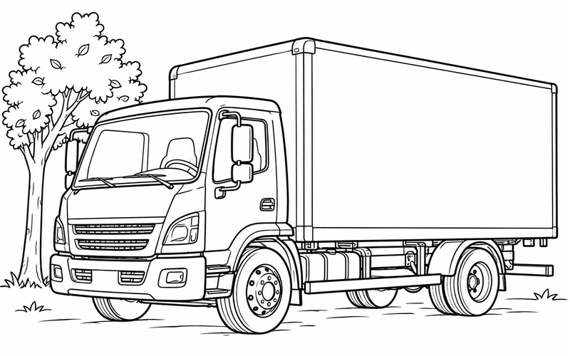 Tranh tô màu xe tải thùng đỗ bên cây nhỏ