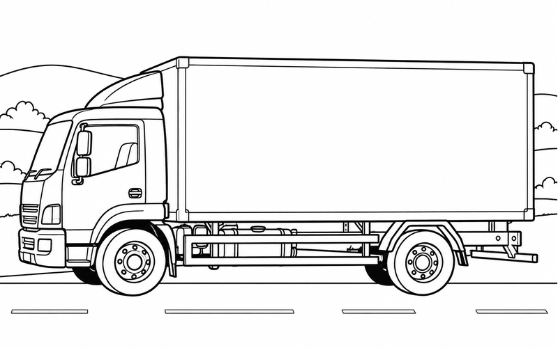 Tranh tô màu xe tải thùng trên đường gần đồi