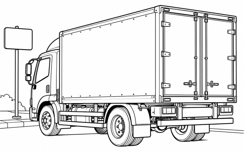 Tranh tô màu xe tải thùng cạnh biển chỉ đường