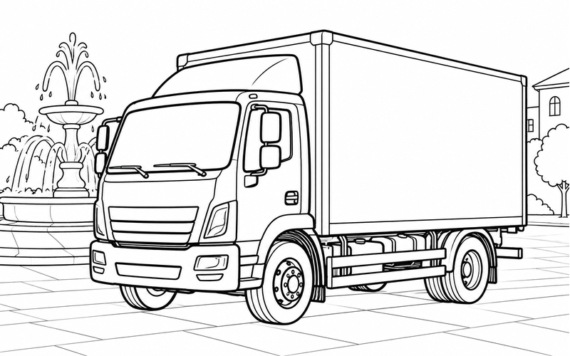 Tranh tô màu xe tải thùng gần đài phun nước
