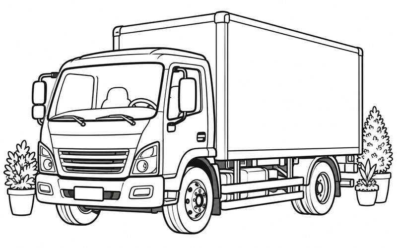Tranh tô màu xe tải thùng bên những chậu cây