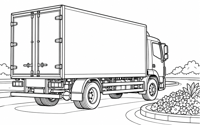 Tranh tô màu xe tải thùng gần bồn hoa vòng xuyến
