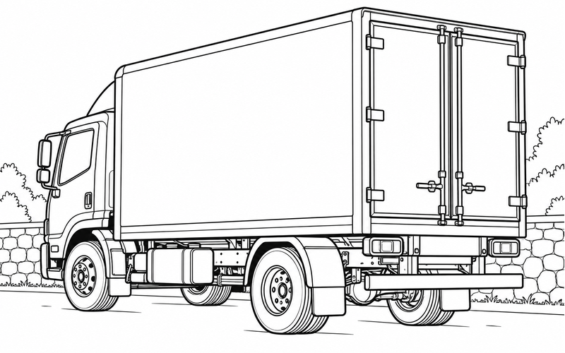 Tranh tô màu xe tải thùng bên bức tường đá thấp