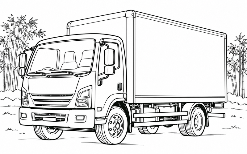 Tranh tô màu xe tải thùng với khóm tre phía xa
