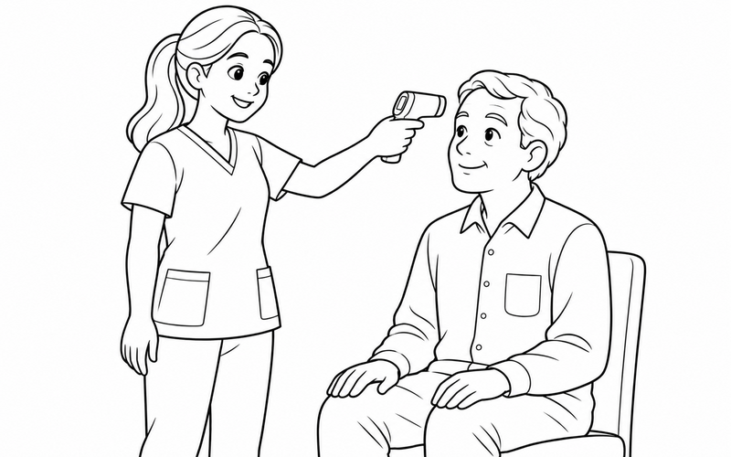 Tranh tô màu y tá đo nhiệt độ cho người lớn