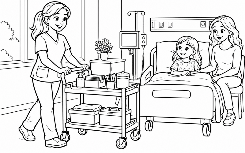 Tranh tô màu nữ y tá đẩy xe dụng cụ