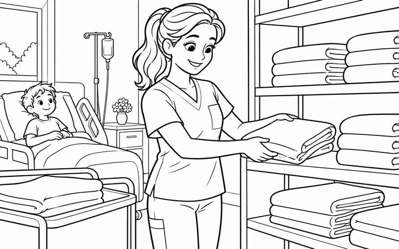 Tranh tô màu nữ y tá sắp xếp khăn sạch