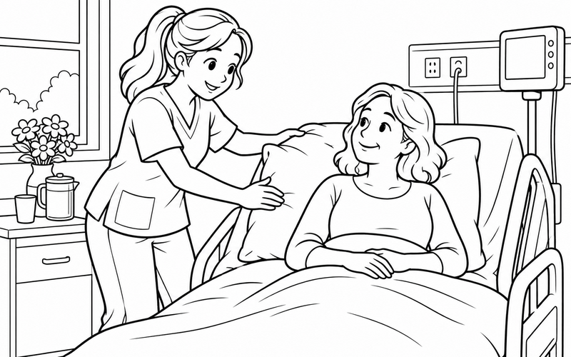 Tranh tô màu nữ y tá điều chỉnh gối trên giường