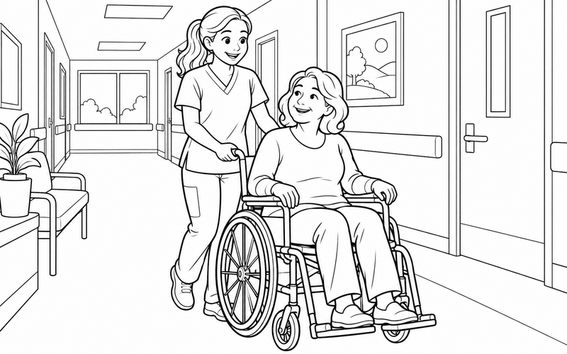 Tranh tô màu nữ y tá giúp bệnh nhân ngồi xe lăn