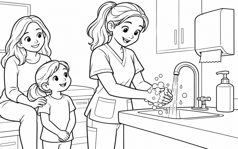 Tranh tô màu nữ y tá hướng dẫn rửa tay