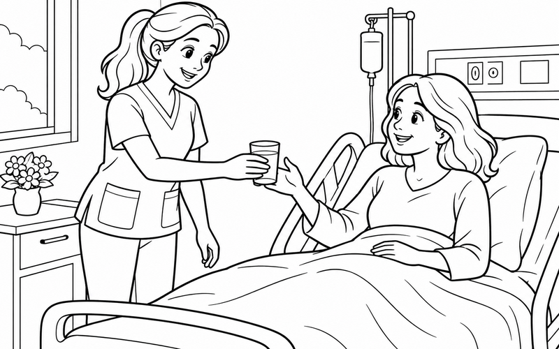 Tranh tô màu nữ y tá đưa cốc nước cho bệnh nhân