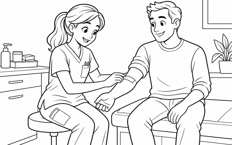 Tranh tô màu nữ y tá kiểm tra băng tay