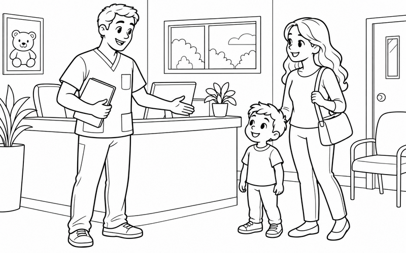 Tranh tô màu nam y tá chào bé ở quầy tiếp đón