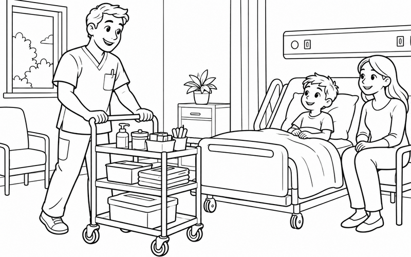 Tranh tô màu nam y tá đẩy xe dụng cụ