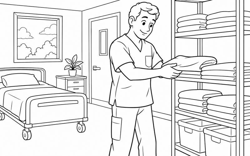 Tranh tô màu nam y tá sắp xếp khăn sạch