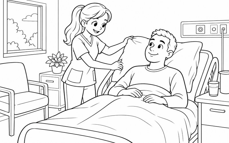 Tranh tô màu nam y tá điều chỉnh gối trên giường