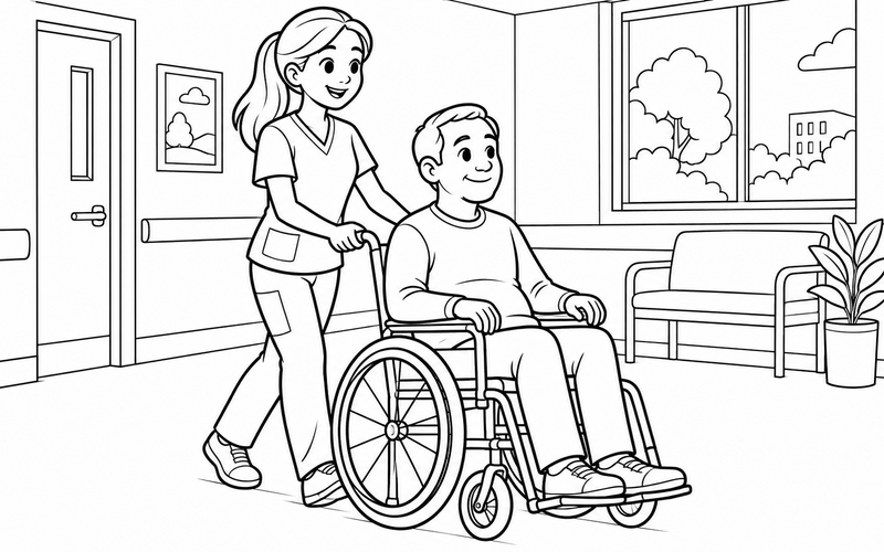Tranh tô màu nam y tá giúp bệnh nhân ngồi xe lăn