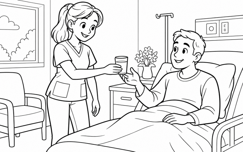 Tranh tô màu nam y tá đưa cốc nước cho bệnh nhân