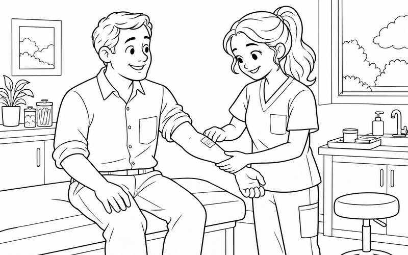 Tranh tô màu nam y tá kiểm tra băng tay