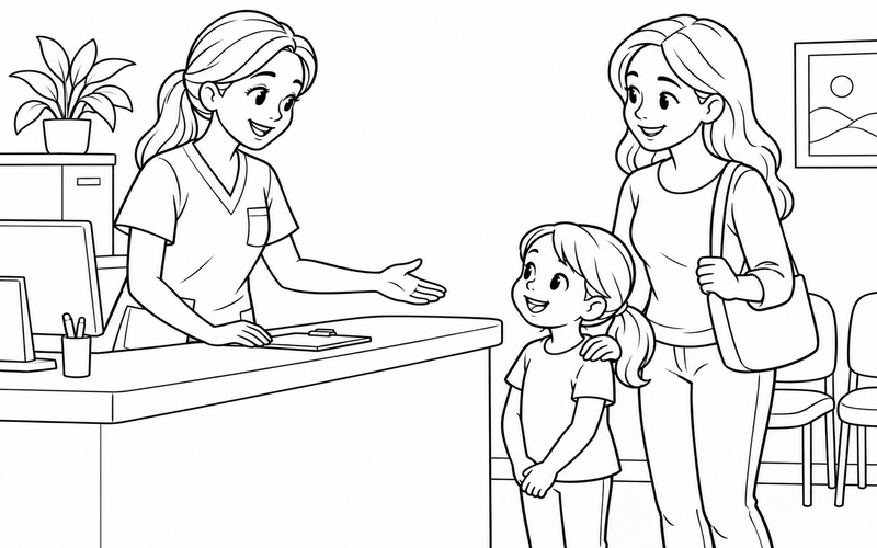 Tranh tô màu nữ y tá chào bé ở quầy tiếp đón với góc nhìn nghiêng