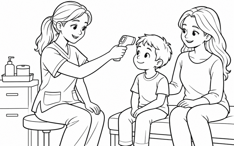 Tranh tô màu nữ y tá đo nhiệt độ với góc nhìn nghiêng