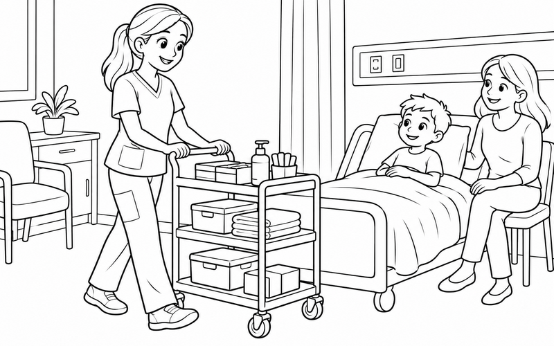 Tranh tô màu nữ y tá đẩy xe dụng cụ với góc nhìn nghiêng