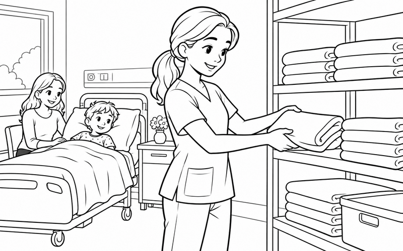 Tranh tô màu nữ y tá sắp xếp khăn sạch với góc nhìn nghiêng