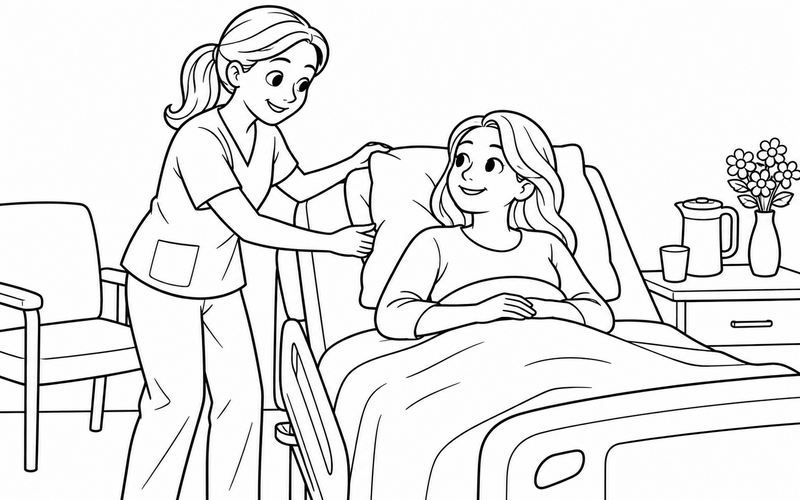 Tranh tô màu nữ y tá điều chỉnh gối trên giường với góc nhìn nghiêng