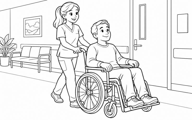 Tranh tô màu nữ y tá giúp bệnh nhân ngồi xe lăn với góc nhìn nghiêng