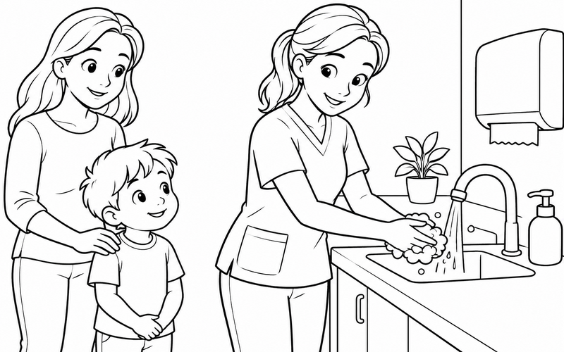 Tranh tô màu nữ y tá hướng dẫn rửa tay với góc nhìn nghiêng