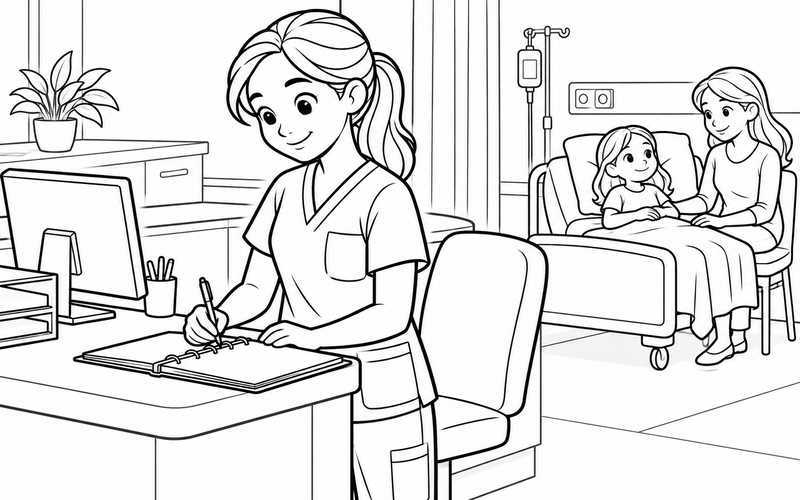 Tranh tô màu nữ y tá ghi chép tại bàn trực với góc nhìn nghiêng