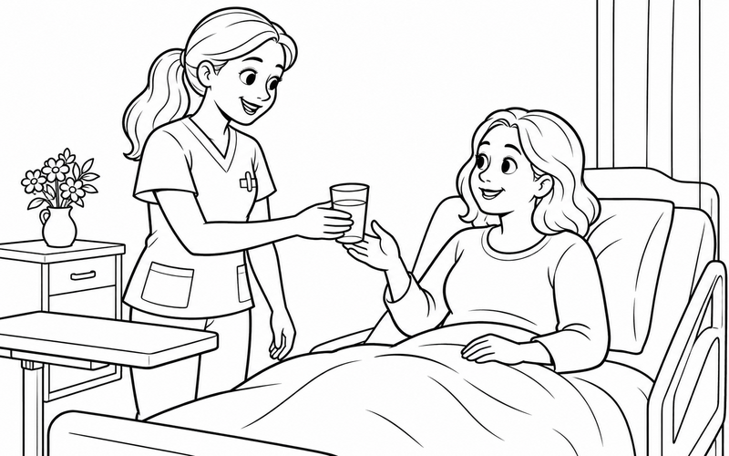 Tranh tô màu nữ y tá đưa cốc nước cho bệnh nhân với góc nhìn nghiêng