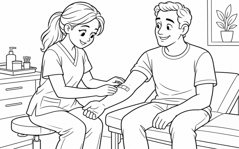 Tranh tô màu nữ y tá kiểm tra băng tay với góc nhìn nghiêng