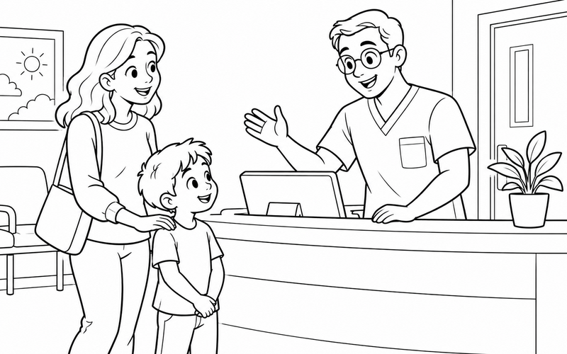 Tranh tô màu nam y tá chào bé ở quầy tiếp đón trong không gian làm việc
