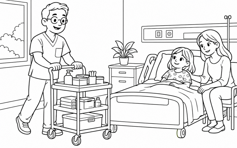 Tranh tô màu nam y tá đẩy xe dụng cụ trong không gian làm việc