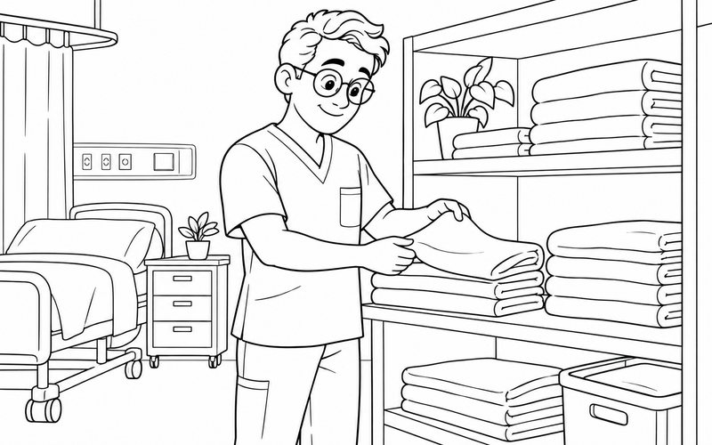 Tranh tô màu nam y tá sắp xếp khăn sạch trong không gian làm việc