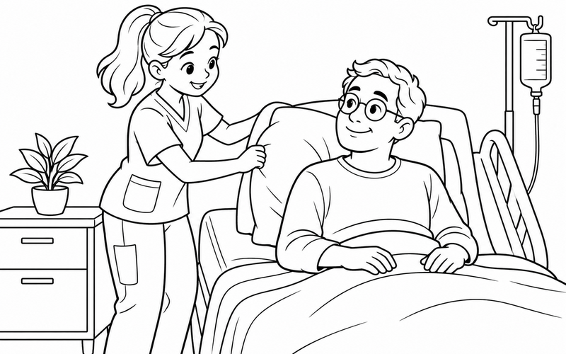 Tranh tô màu nam y tá điều chỉnh gối trên giường trong không gian làm việc