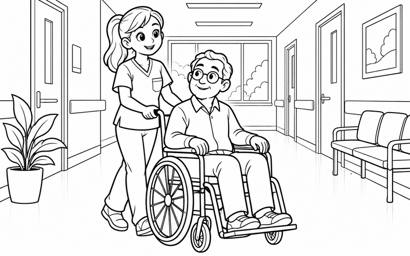 Tranh tô màu nam y tá giúp bệnh nhân ngồi xe lăn trong không gian làm việc