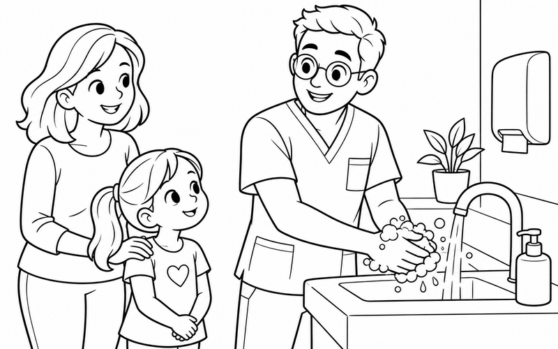 Tranh tô màu nam y tá hướng dẫn rửa tay trong không gian làm việc